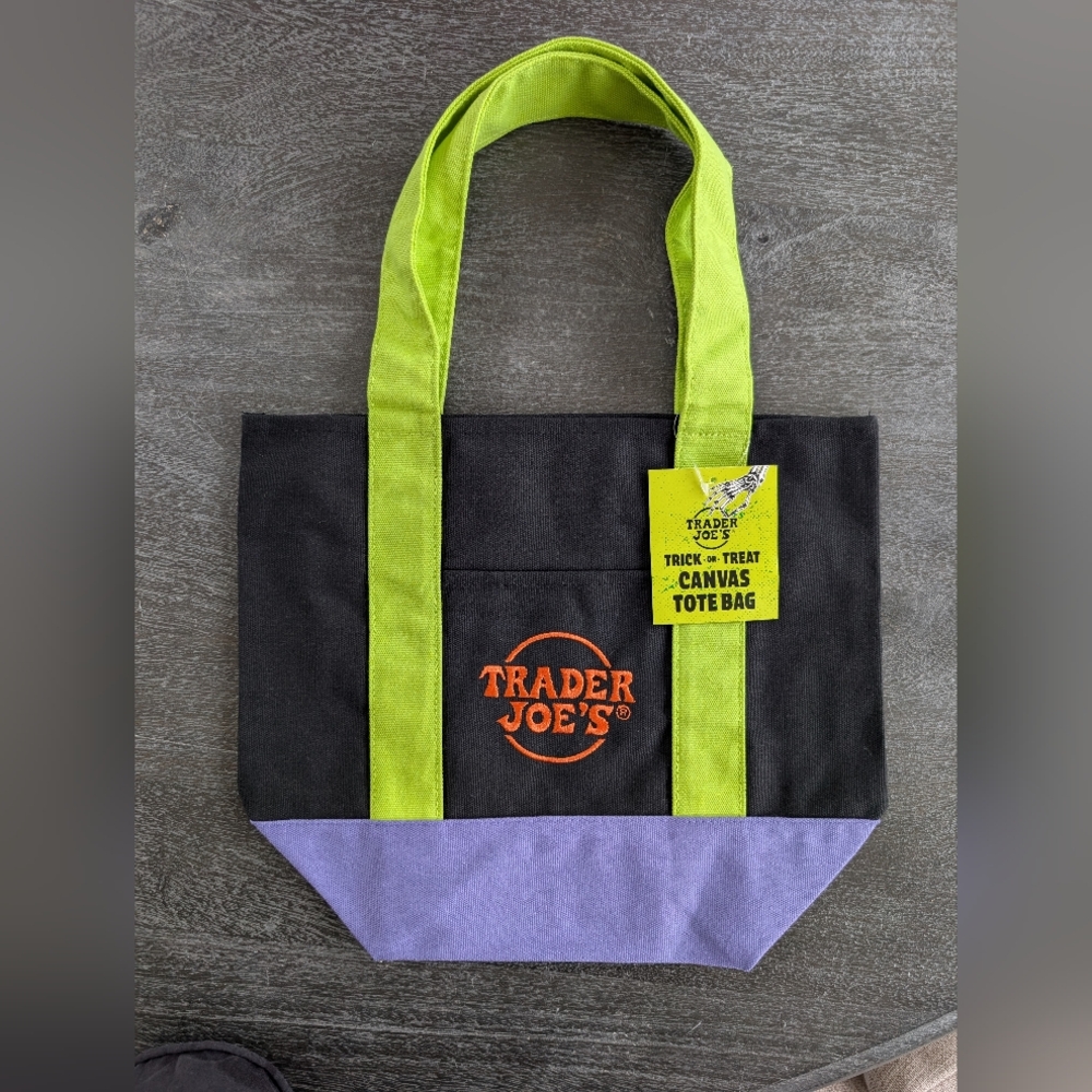 NWT Trader Joe's Multi Color Black, Purple, Green Trick Or Treat Canvas Tote Bag